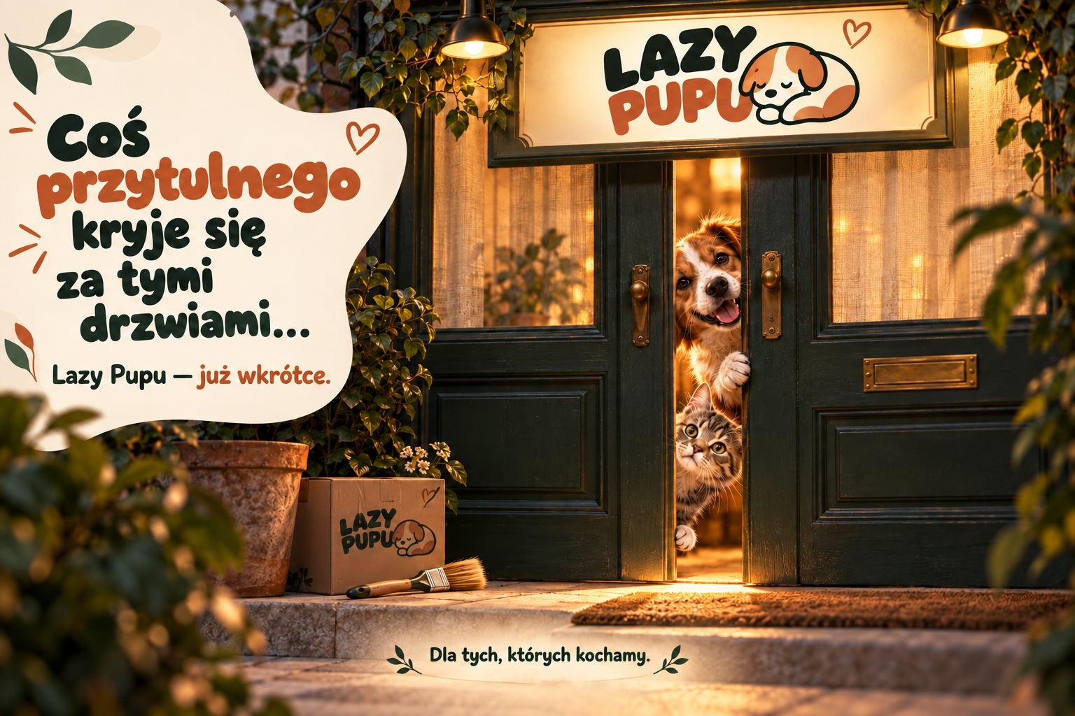 Pies i kot wyglądają zza uchylonych drzwi sklepu z logo Lazy Pupu. Ze środka pada ciepłe światło. Dla tych, których kochamy.
